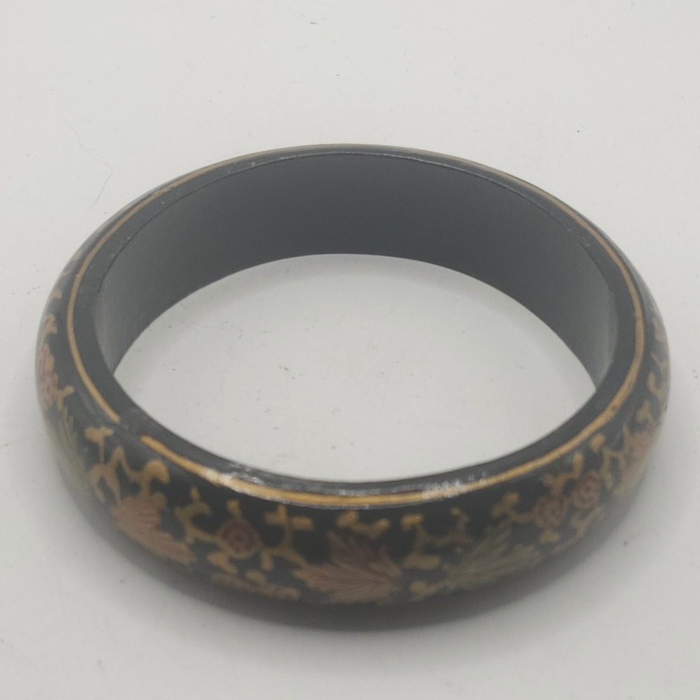Vintage Hand Painted Floral Lacquer Bangle Bracelet Black Gold Asian Style Art